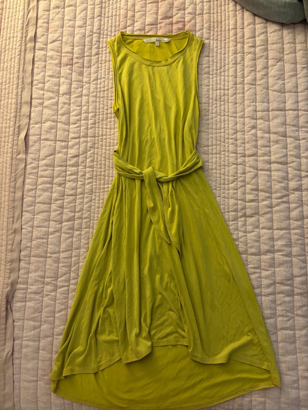 Rachel Roy Lime Green Tie-Waist Midi Dress | Sleeveless Hi-Low Hem | Size S